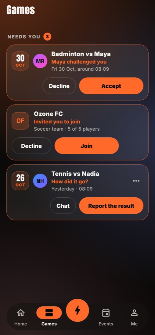 The Games tab: what needs you, a challenge to answer and a result to report